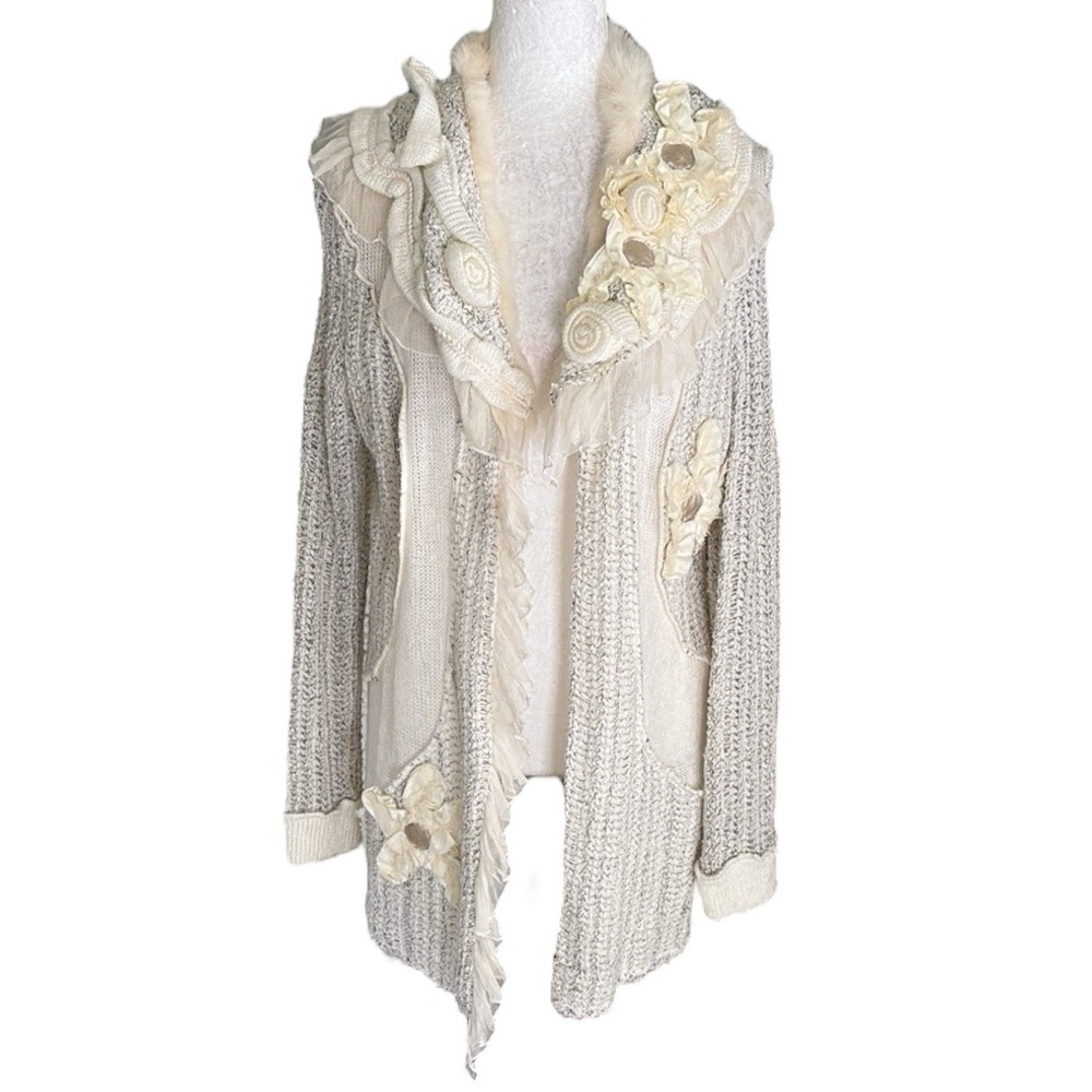 Gaby & Eden Vintage Cream Gray Fur Rosette Ruffle Lace Knit Cardigan - M